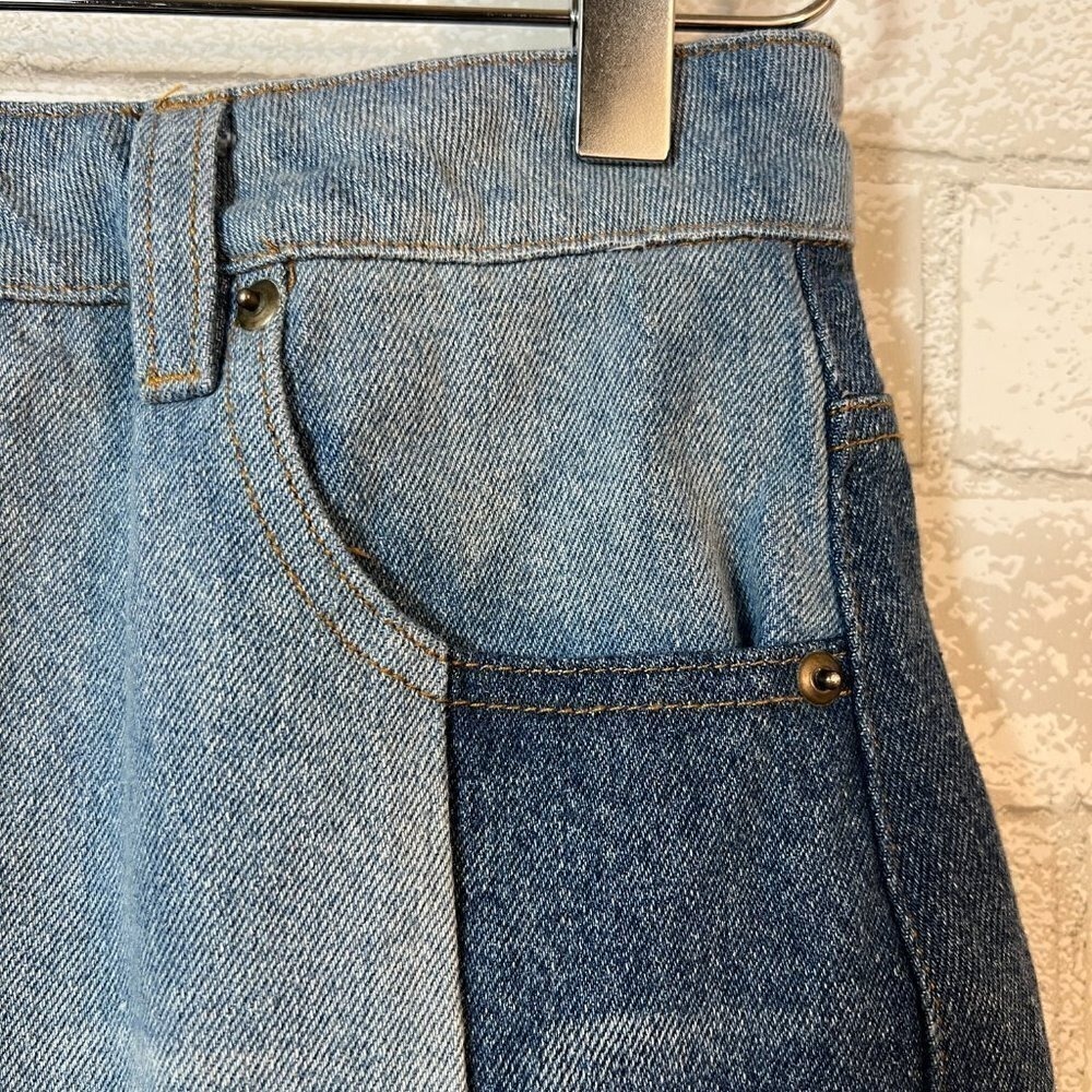 Wild Honey Blue Two Tone Color Block Step Hem Denim Mini Skirt Size M - Picture 6 of 8